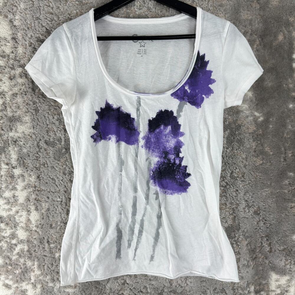 Converse Size M Scoop Neck‎ Casual Top White Purple Short Sleeve Pullover Cotton
